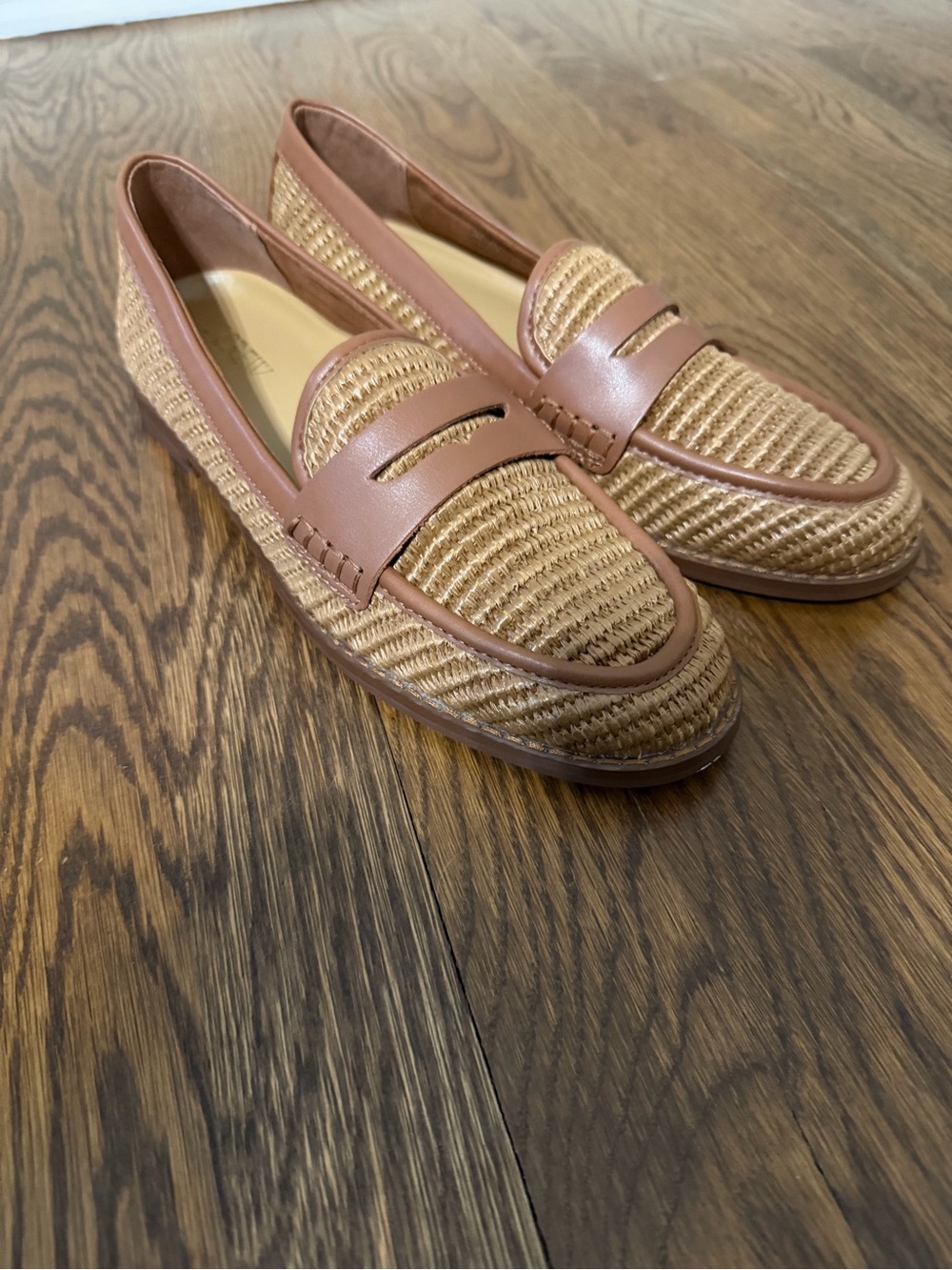 J. Crew Tan Raffia and Brown Leather Penny Loafers